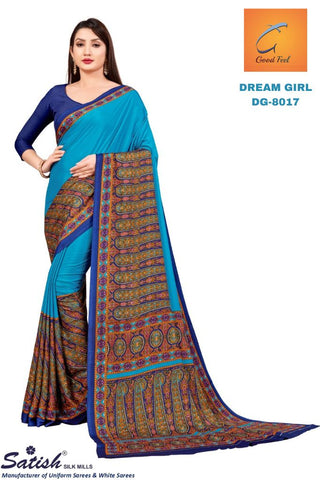 Printed Border Plain Sky Blue Crepe Uniform Sarees