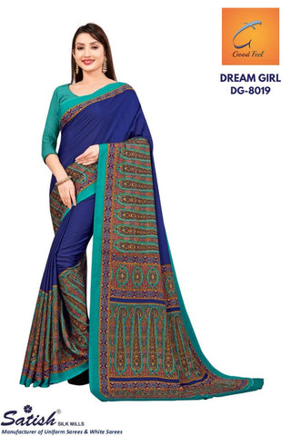 Printed Border Plain Based Navy Blue Crepe Uniform Sarees