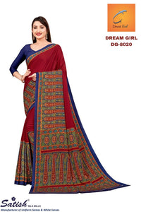 Printed Border Plain Based Maroon Blue Crepe Uniform Sarees