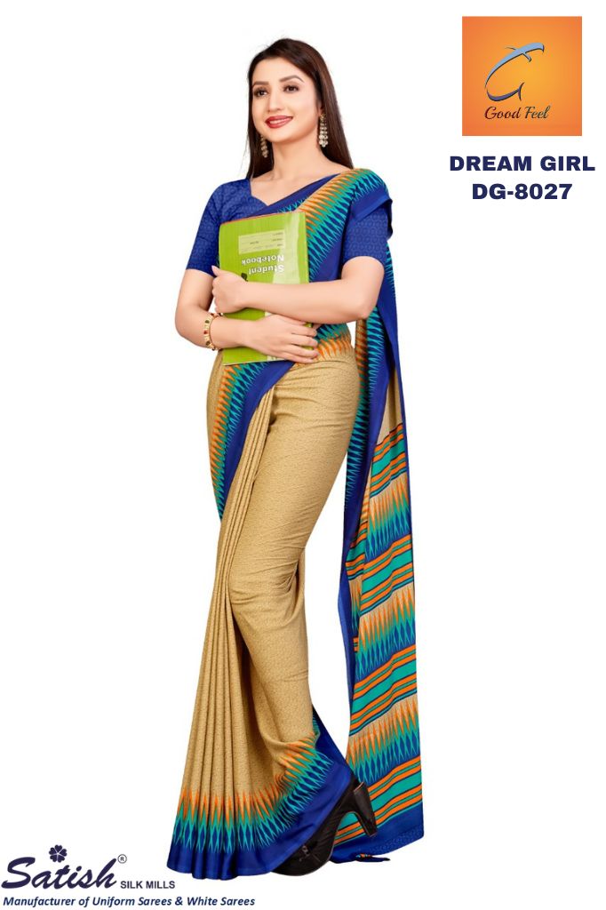 Printed Border Beige And Blue Crepe Uniform Sarees