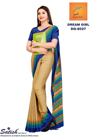 Printed Border Beige And Blue Crepe Uniform Sarees