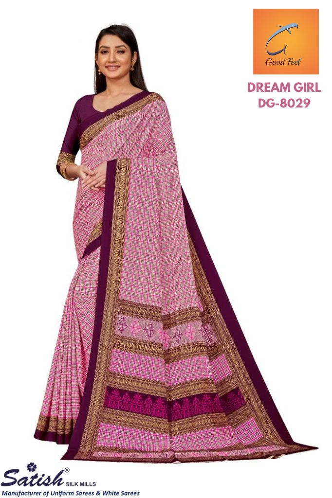 Check Printed Pink Crepe Uniform Sarees