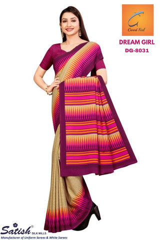 Printed Border Beige And Pink Crepe Uniform Sarees