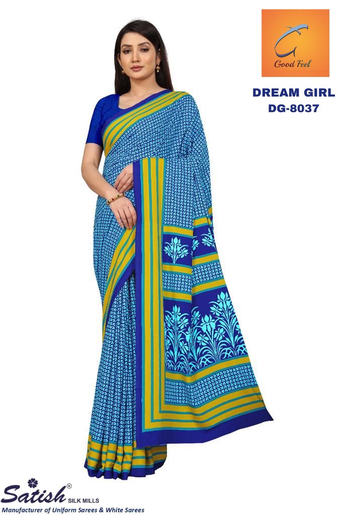 Blue Calico Printed Crepe Uniform Saree