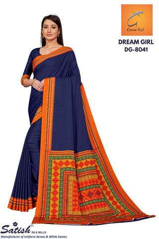 Blue Plain Orange Border Uniform Crepe Saree