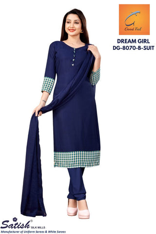 Plain Blue Cheks Border Crepe Uniform Dress Material