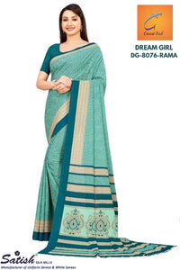 Calico Printed Rama Green Uniform Crepe Saree