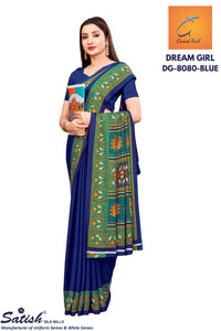 Blue Plain With Printed Border Crepe Uniform Saree