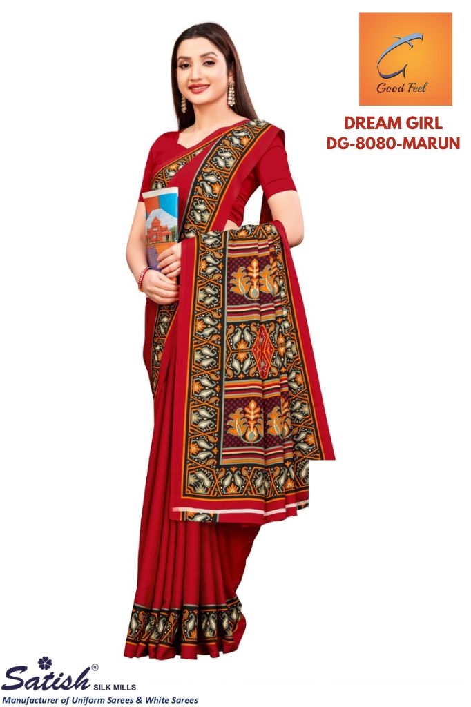 Marun Plain With Printed Border Crepe Uniform Saree