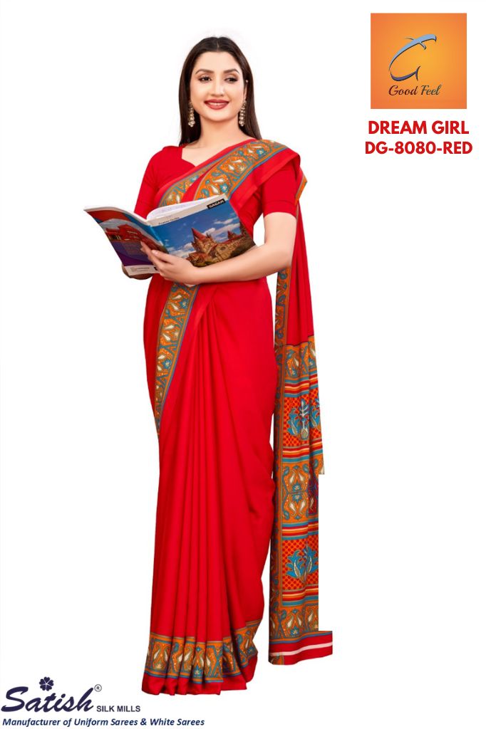 Red Plain With Printed Border Crepe Uniform Saree