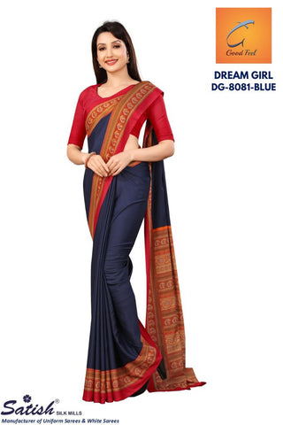 Blue Printed Crepe Uniform Saree