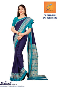 Plain Blue Printed Rama Border Crepe Uniform Saree