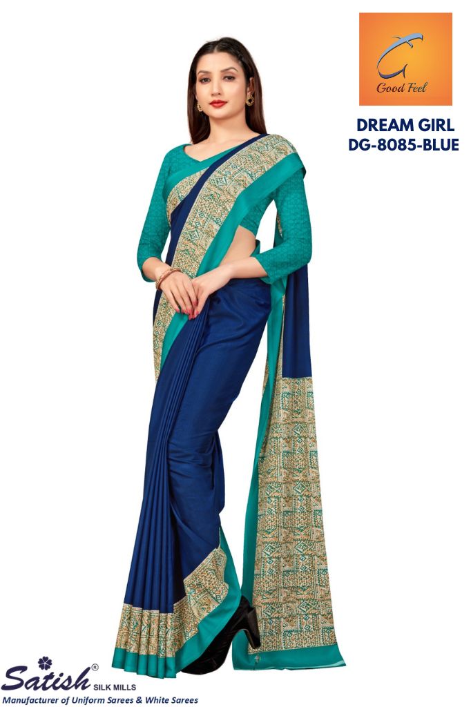 Plain Blue Printed Border Crepe Uniform Saree