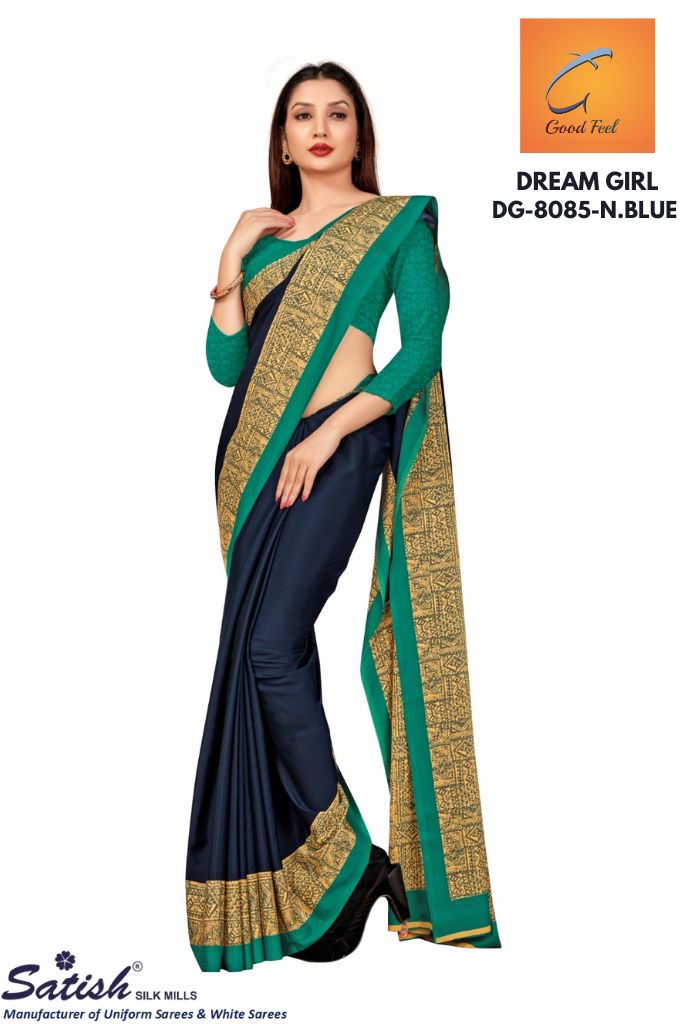 Plain Navy Blue Printed Border Crepe Uniform Saree