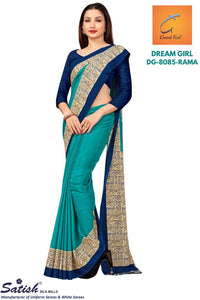 Plain Turquois Printed Border Crepe Uniform Saree