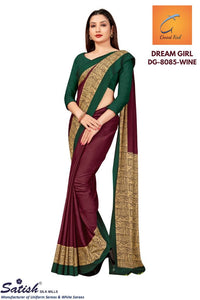 Plain Wine Printed Border Crepe Uniform Saree