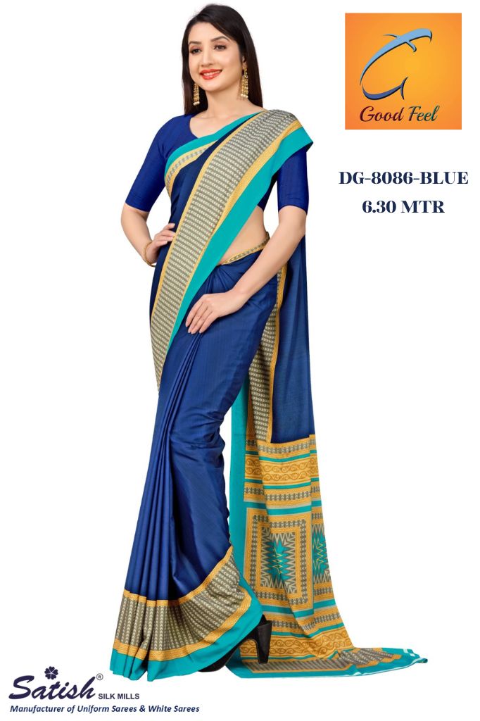 Plain Blue Printed Border Crepe Uniform Saree