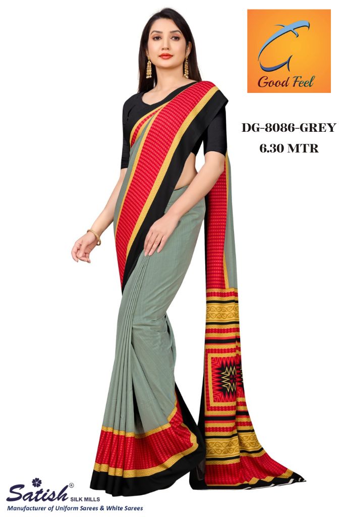 Plain Grey Printed Border Crepe Uniform Saree