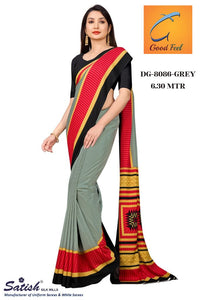 Plain Grey Printed Border Crepe Uniform Saree