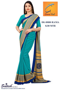 Plain Turquois Printed Border Crepe Uniform Saree