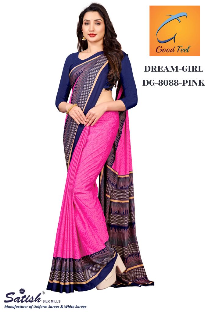 Plain Pink Crepe Teacher Uniform Saree (DG-8088)