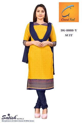 Plain Printed Border Yellow And Blue Crepe Uniform Salwar Suit With Dupatta for Teacher