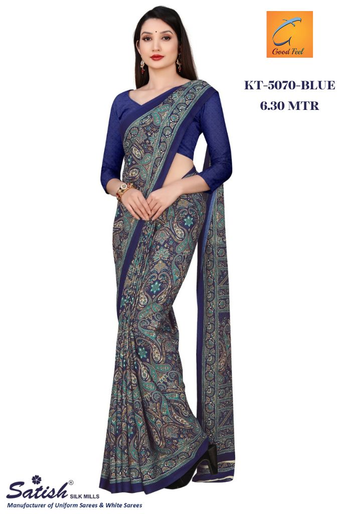 Blue Floral Printed Crepe Uniform Saree