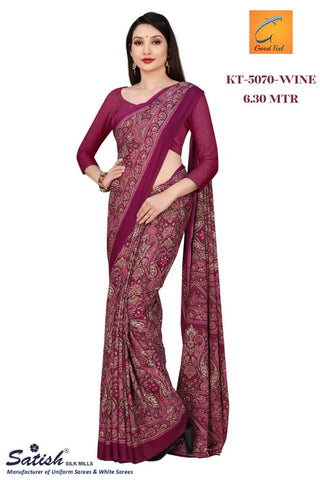 Wine Color Floral Printed Crepe Uniform Saree