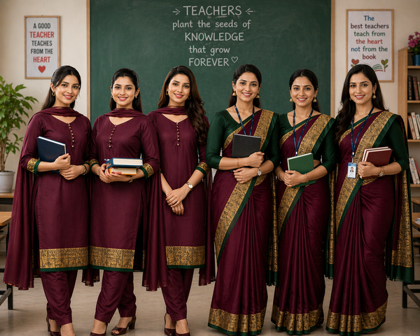 Wine Plain Printed Border Crepe Uniform Saree Suit Combo