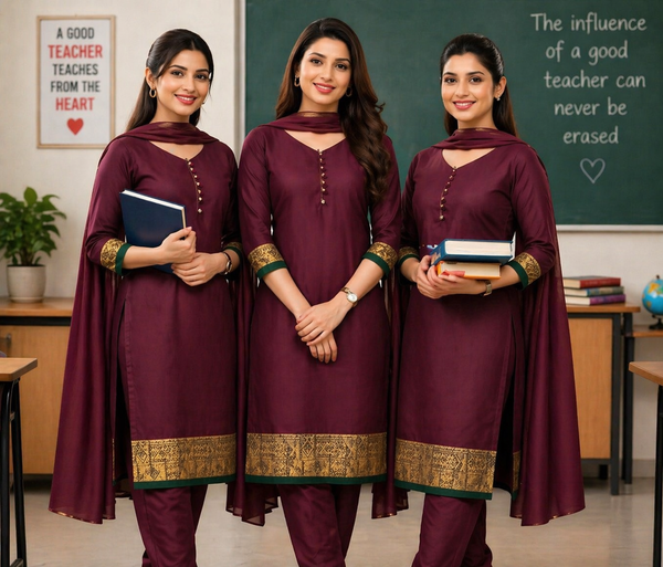 Wine Plain Printed Border Crepe Uniform Saree Suit Combo