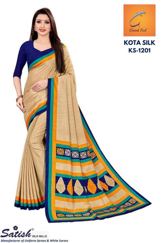 Plain Beige With Blue Border Kota Silk Uniform Saree