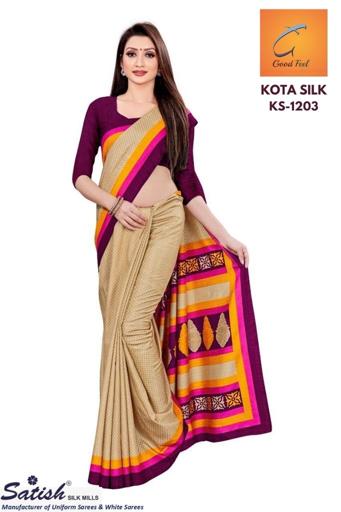 Plain Beige With Pink Border Kota Silk Uniform Saree