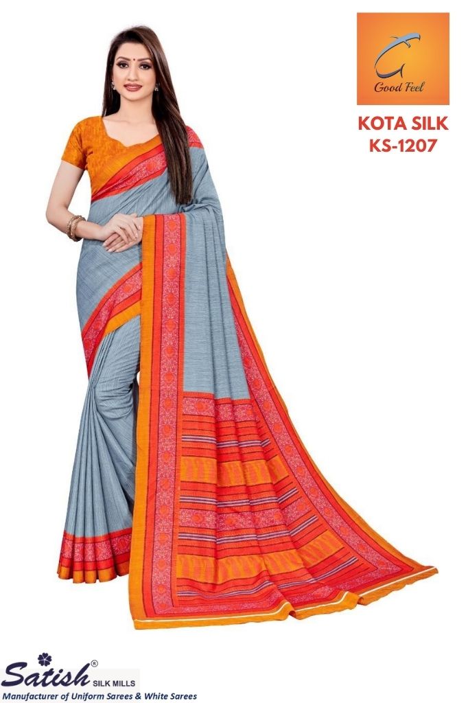 Plain Grey With Orange Border Kota Silk Uniform Saree