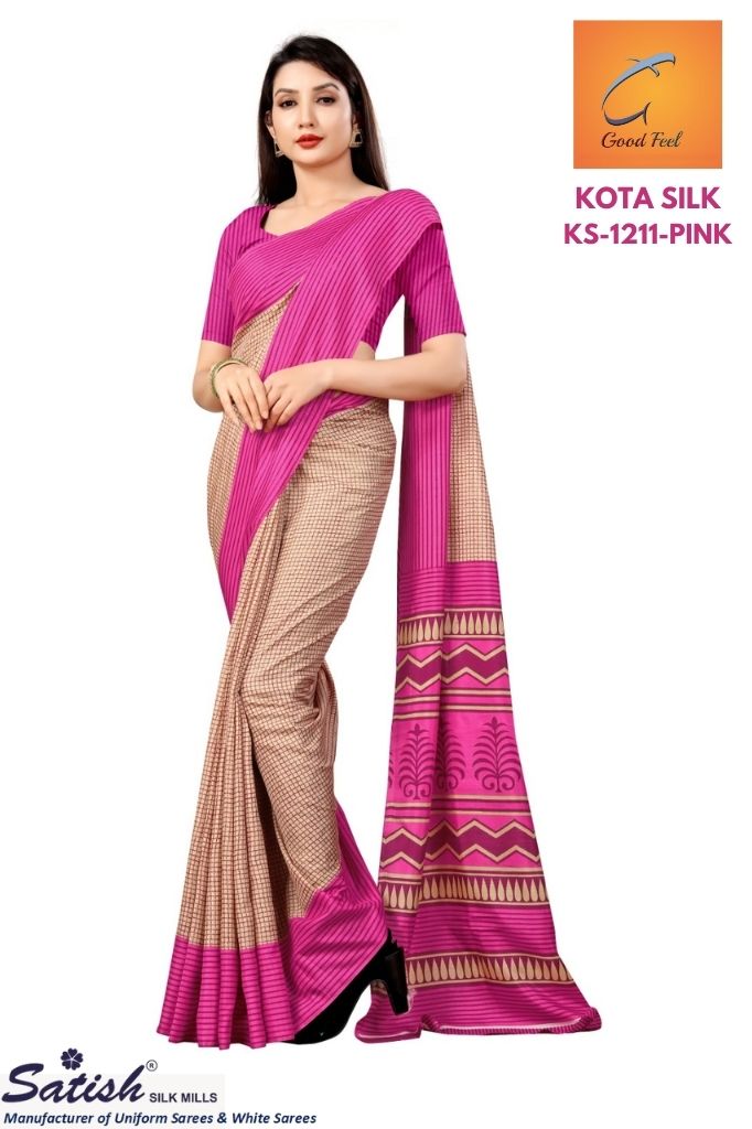 CHECKS Printed Pink Kota Silk Uniform Saree