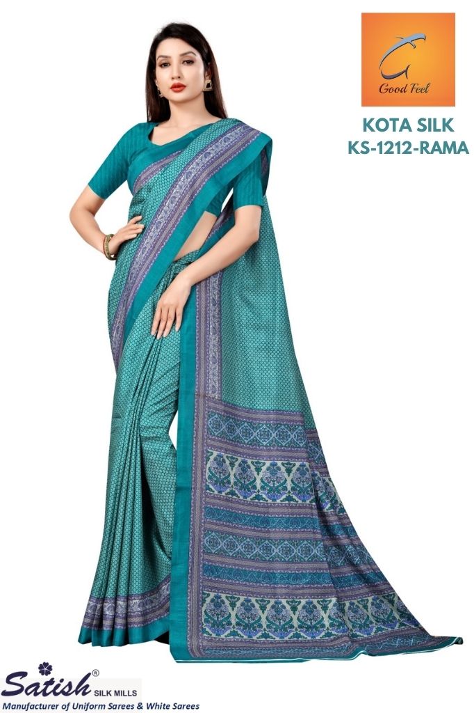 Calico Printed RAMA Kota Silk Uniform Saree