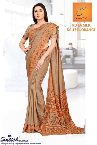 PLAIN Printed ORANGE Kota Silk Uniform Saree