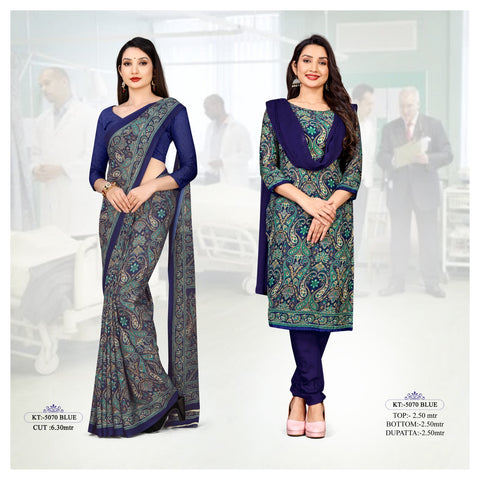 Paisley Print Blue Matt Crepe Uniform Saree & Dress Material For Teacher