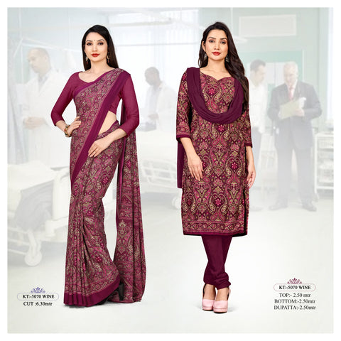 Paisley Print Wine Matt Crepe Uniform Saree & Dress Material For Teacher