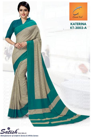 Beige With Green Border Checks Print Crepe Uniform Saree