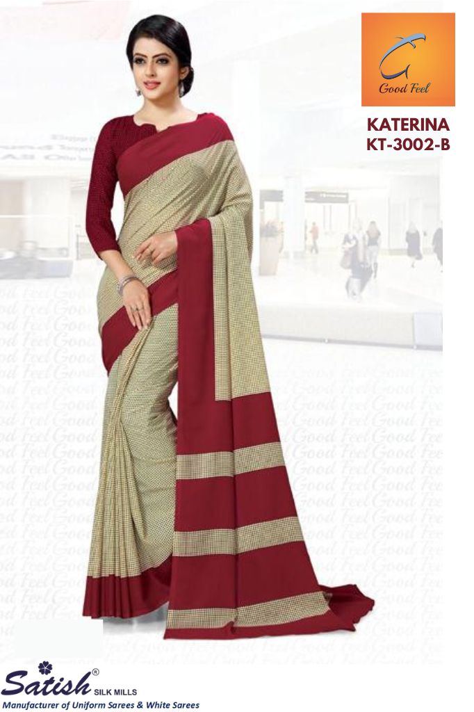 Beige With Marun Border Checks Print Crepe Uniform Saree