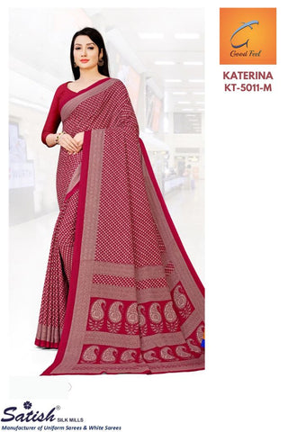 Calico Printed Marun Crepe Uniform Sari