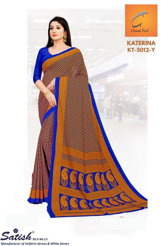 Calico Printed Blue And Yellow Crepe Uniform Sarees