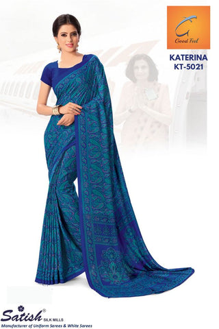 Floral Print Blue Crepe Uniform Sarees