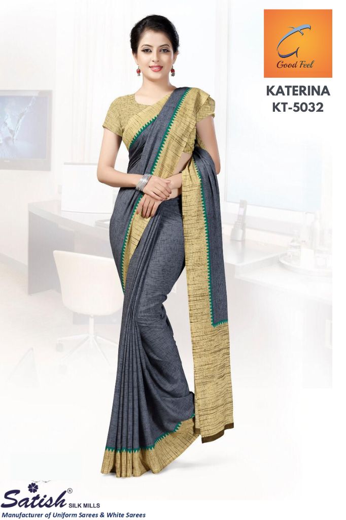 Plain Grey Crepe Uniform Saree For Teachers