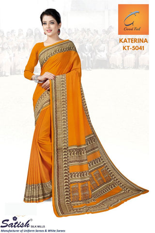 Plain Orange Crepe Uniform Saree For Teachers