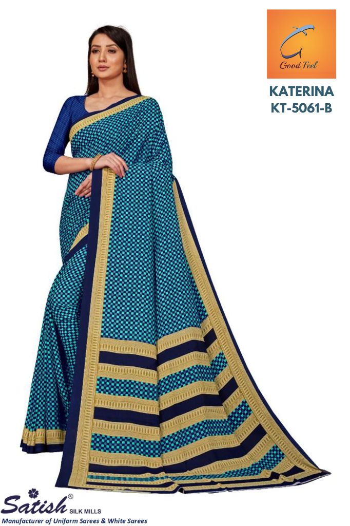 Printed Blue Checks Matt Crepe Uniform Saree