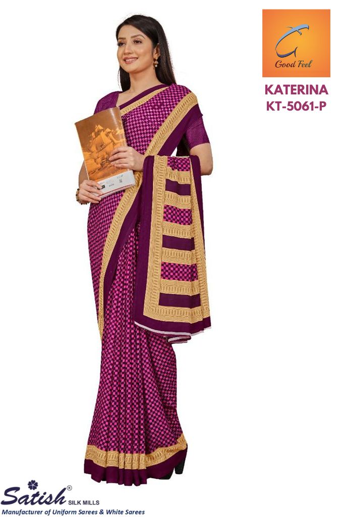 Printed Pink Checks Matt Crepe Uniform Saree