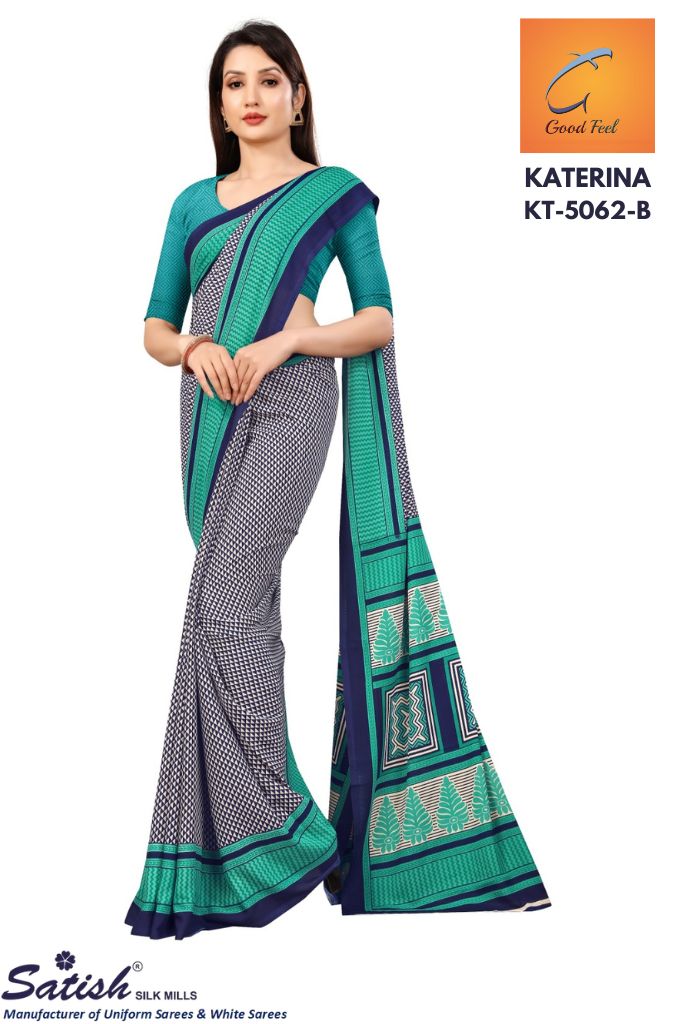 Printed Blue Checks Matt Crepe Uniform Sarees