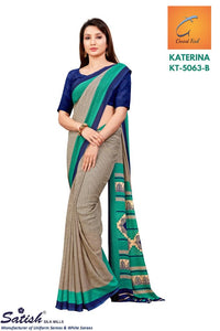 Calico Printed Blue Matt Crepe Uniform Sarees