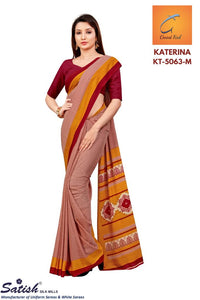 Calico Printed Marun Matt Crepe Uniform Sarees